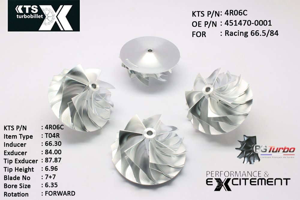 Turbo ROUE FORGÉE MFS PERFORMANCE - 7+7 PALES - INDUCER : 66,3 - EXDUCER : 84 - TYPE : T04RANGLE : 55° - ROTATION : Forward - SUPER BACK : 4,97 - BORE SIZE : 6,35
